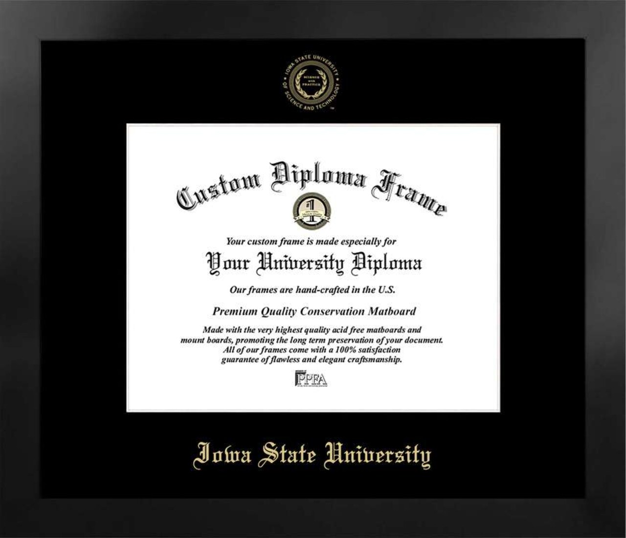 Iowa State University 11w x 8.5h Manhattan Black Single Mat Gold Embossed Diploma Frame with Bonus Campus Images Lithograph (value savings at $59)
